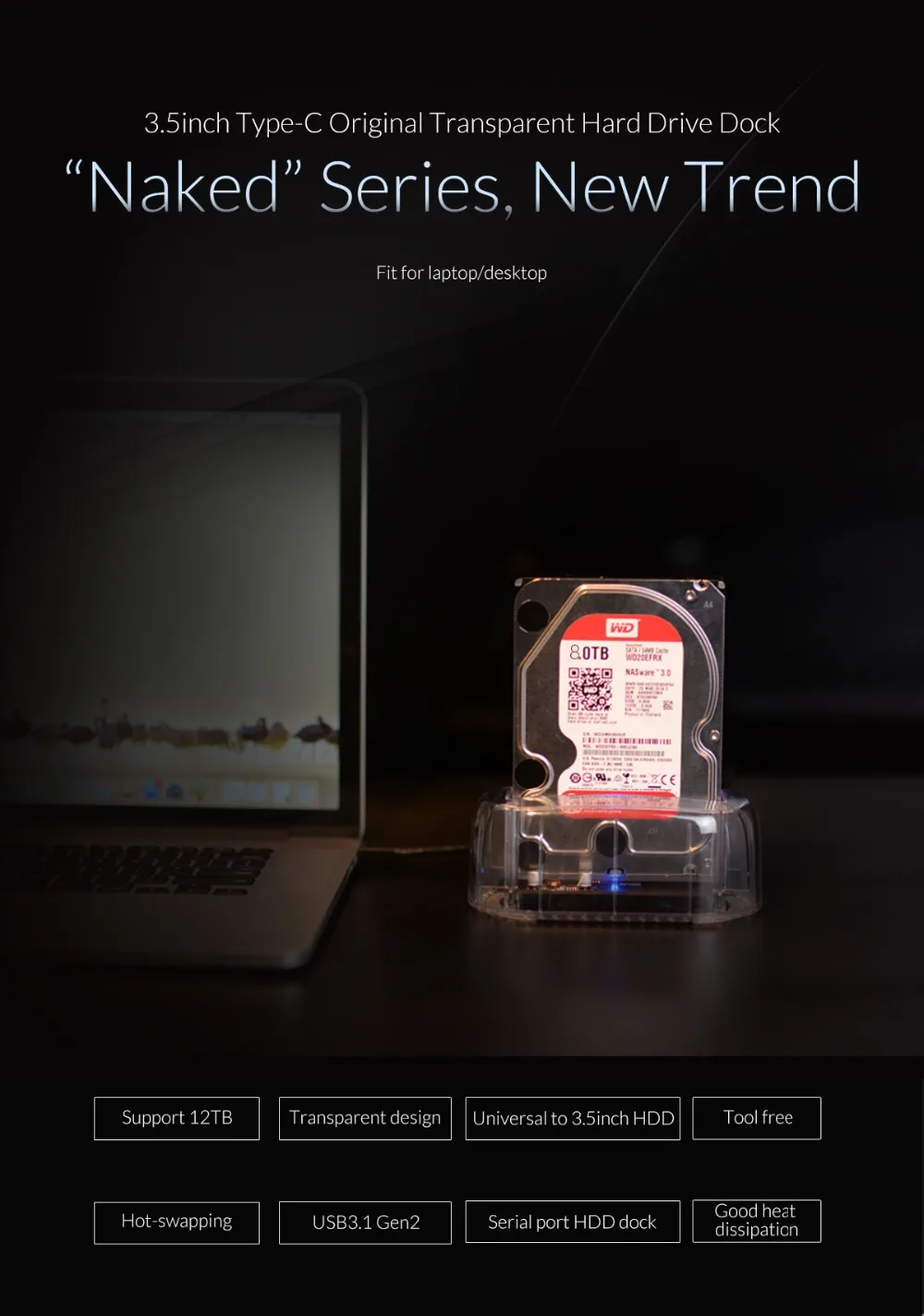 ORICO USB3.1 Gen2 10 Гбит/с, прозрачный, док-станция для жесткого диска Тип-C 2,5 3,5 корпус жесткого диска внешний жесткий диск чехол