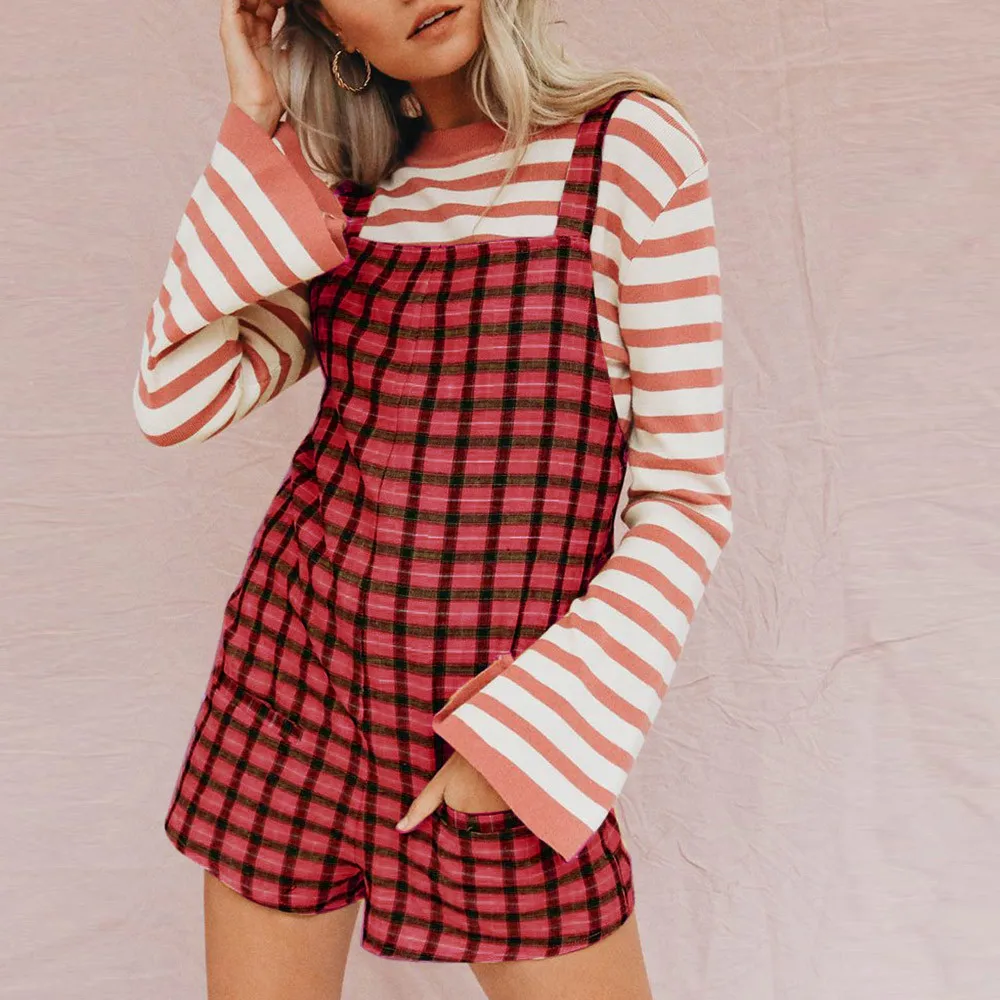 Женский клетчатый комбинезон повседневные регулируемые хлопковые шорты с