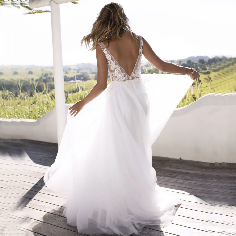 

Elegant White Ivory Backless Boho Wedding Dresses Double V-neck Sleeveless A-line Bridal Dress Robe de Marriage Custom Made