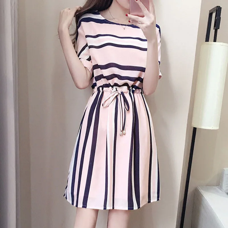 Bigsweety Women Summer Dress Female Korean Style Dresses O-neck Slim Mini A-line Short Sleeve Casual Stripe | Женская одежда