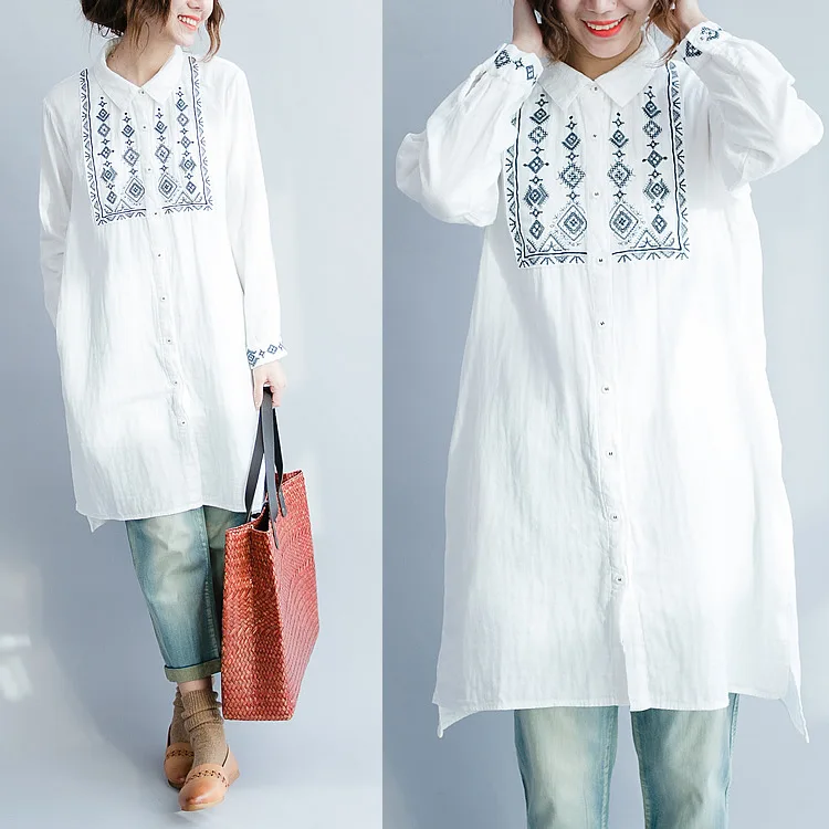 Женская винтажная блузка из 100% хлопка с вышивкой в этническом стиле белая