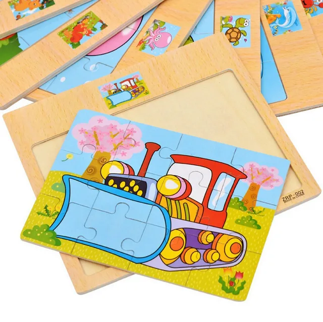 Hot Sale 12/9 PCS Puzzles Wooden Kids Baby Wood Cartoon Vehicle Animals Learning Educational Toys for Children Gift 2