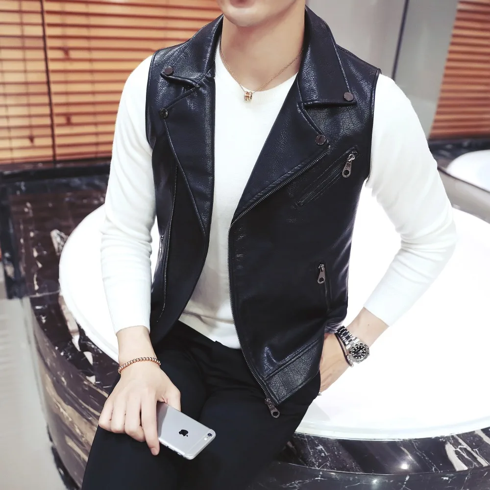 Костюмы для ночного клуба кожаный жилет диагональная молния без рукавов мужской