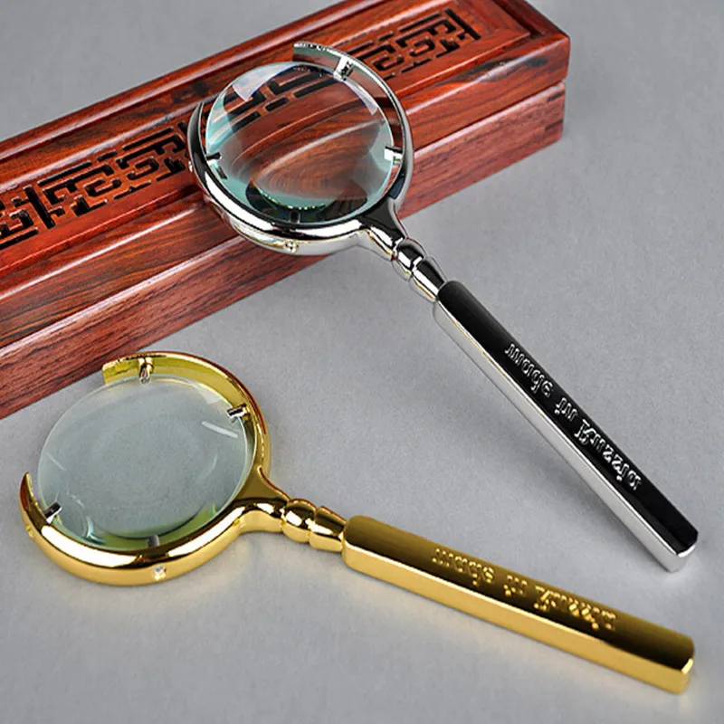 

5X Straight Handle Handheld Magnifier with Golden Sliver Color Newspaper Reading Glass Loupe for Old Man