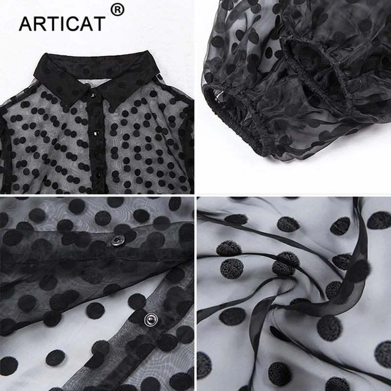Articat, черная женская шифоновая блузка в горошек, рубашка, сексуальная, прозрачная, сетчатая, с пышными рукавами, летние топы, белая женская блуза