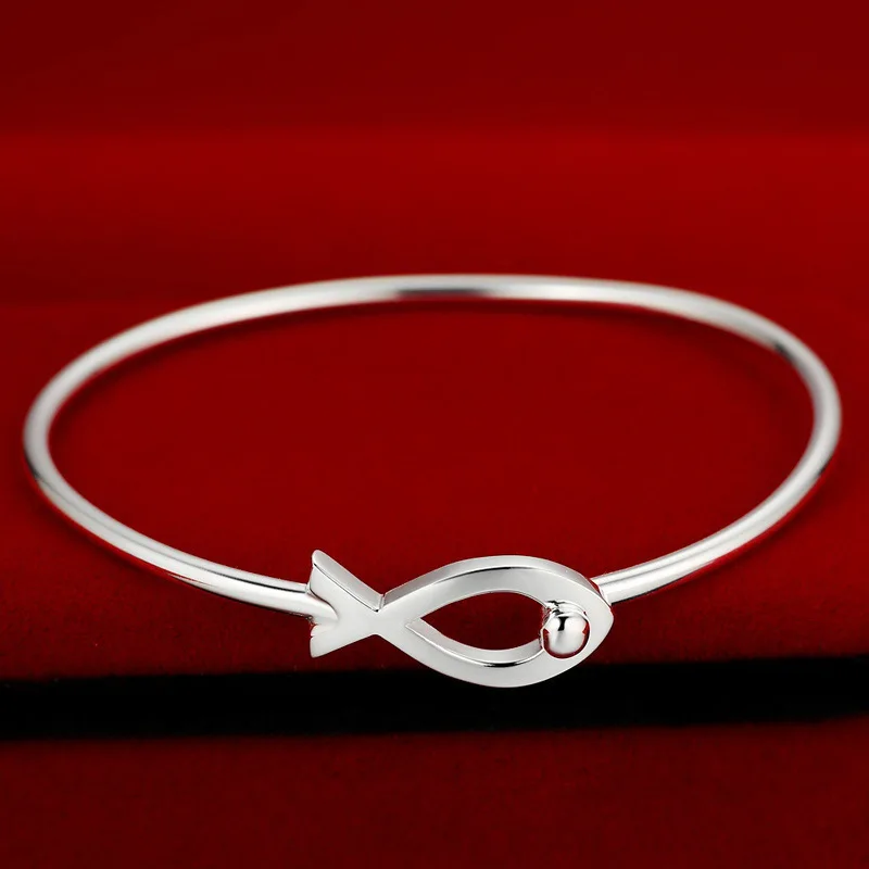 

Real S925 Sterling Silver High Quality Cute Fish Bangle Bracelets For Young Ladies Girls Fashion Party Jewelry