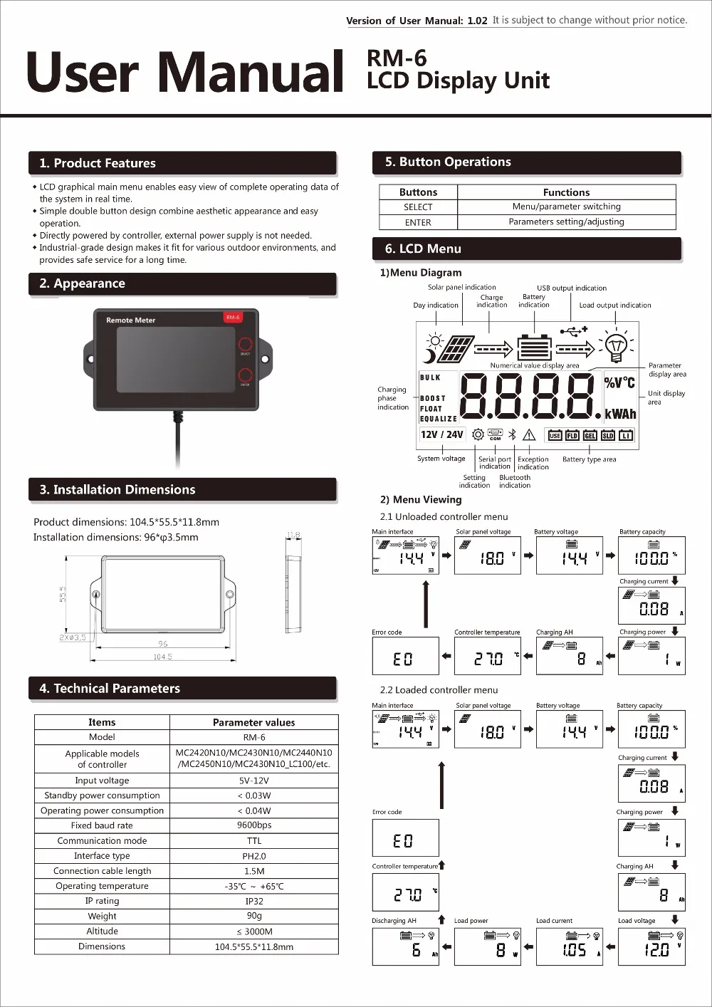 SRNE RM-6 ЖК-дисплей применимые модели контроллера MC2420N10 MC2430N10 MC2440N10 MC2450N10etc