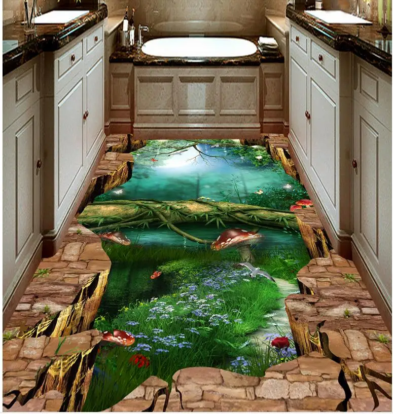 3D-обои с рисунком пола водостойкие обои 3d изображением скалы леса дороги ванной