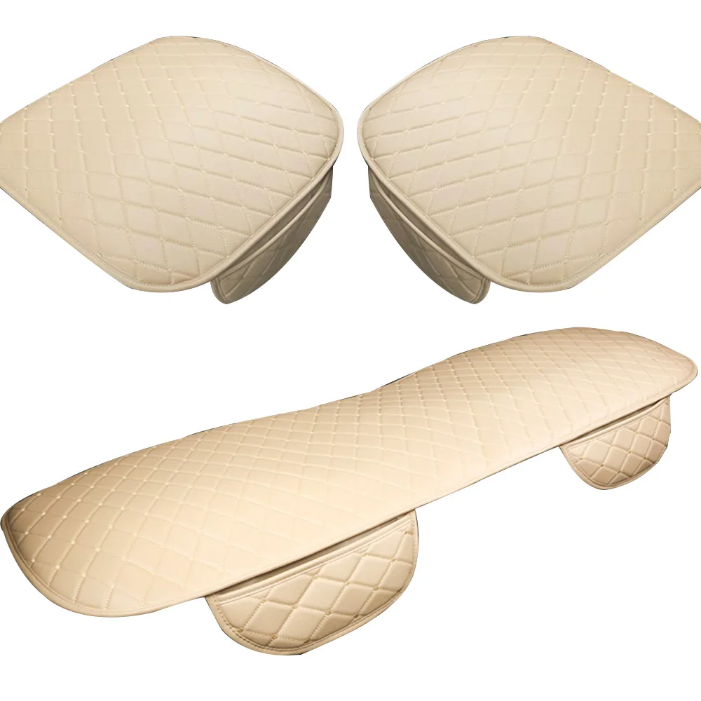3Pcs Beige Seametal Чехол для автомобильного сиденья кожаный Универсальный передний задний чехол для сиденья четыре сезона автомобиль протектор подушки сиденья набор автомобиль-Стайлинг - Название цвета: 3Pcs Beige