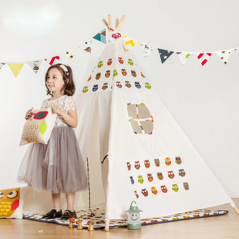 Вигвам детский с милым рисунком палатка из хлопчатобумажной холщовой ткани