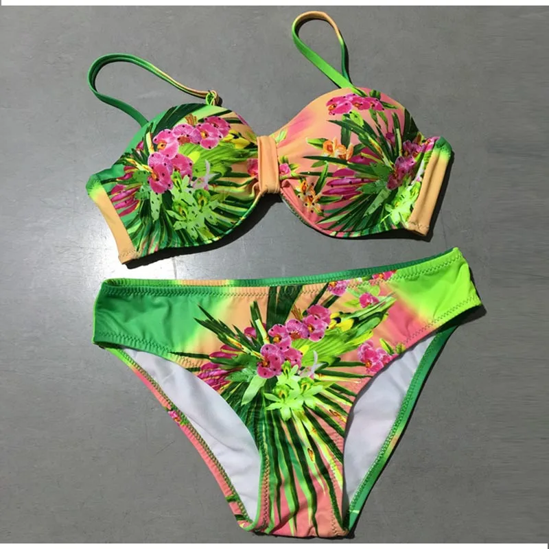 FS Цветочный Принт пуш ап Холтер Комплект бикини 2017 Купальник бразильские пляжная