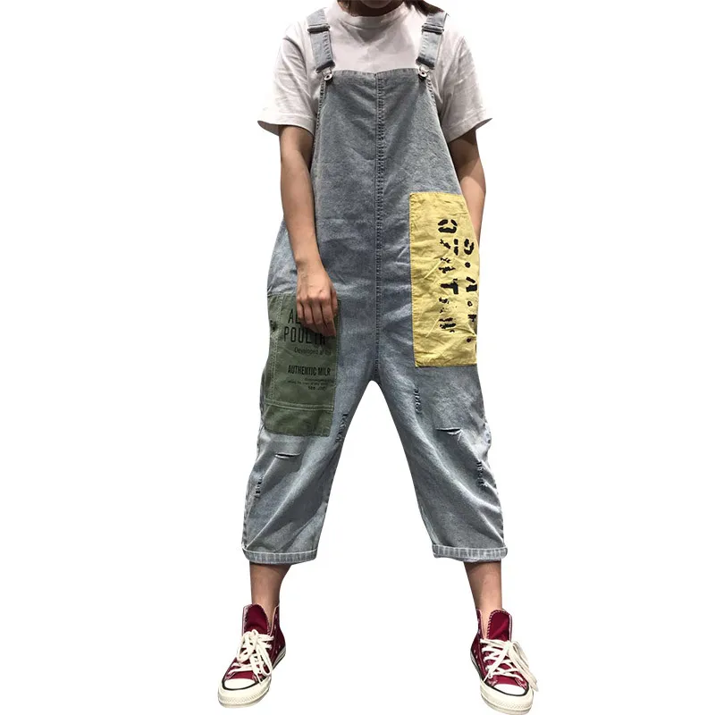 

Blue Loose Summer New Old Jeans Female Letter Patch Stitching Hole Ankle Length Bib