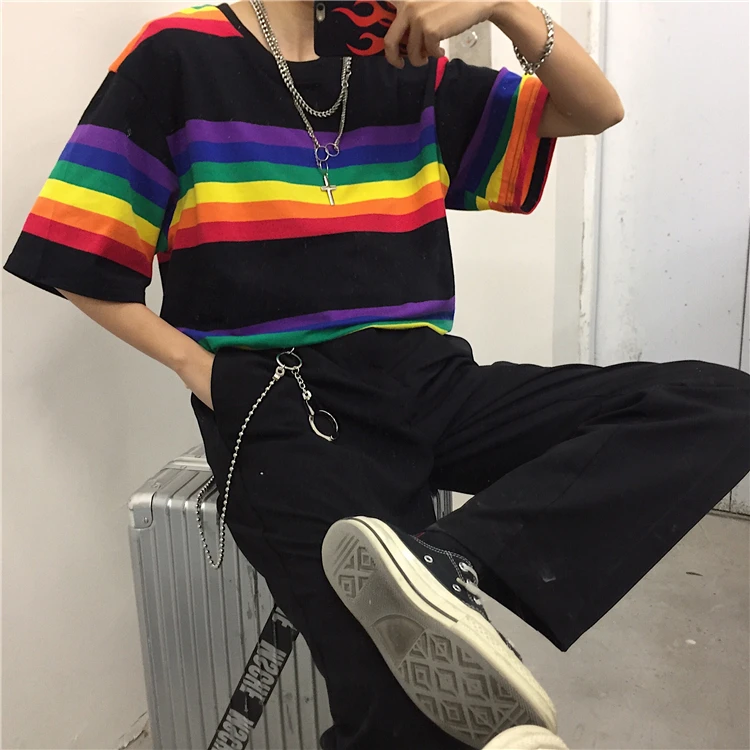 Летние повседневные футболки для женщин, Корейская одежда Ulzzang Harajuku, полосатая футболка с коротким рукавом, Женская свободная футболка