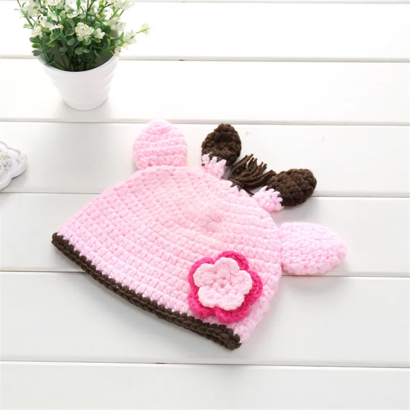 Розовый Kawaii вязаная детская зимняя шапка вязаная крючком животные шапочки в цветочек розовый цвет для маленьких девочек фотосессия новорожденных реквизит для фотосессии - Цвет: Розовый