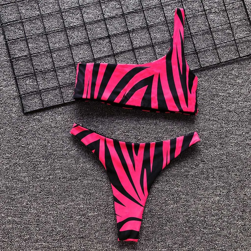 

Sexy Bikinis Women Swimsuit Print Two Pieces Bikini Set Mujer Skew Collar Push-Up Padded Swimwear Beachwear Bathing Biquini#30
