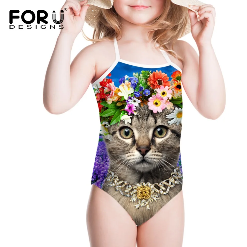 Купальник для девочек с цветочным рисунком и котом слитный купальник в полоску