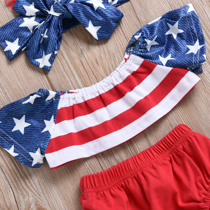 Independence Day Baby Girl Newborn Clothes Five Stars Strips Tops+Shorts With American Flag Striped Hair Band Girls Set | Мать и ребенок