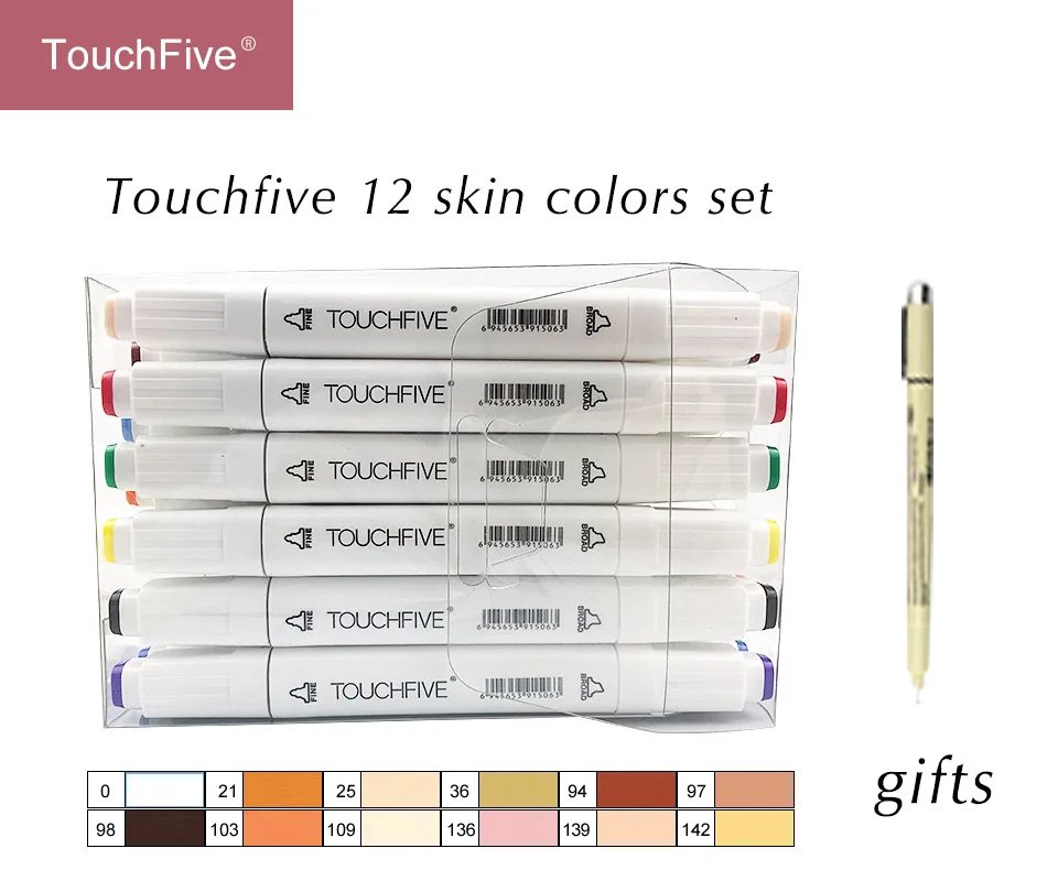 Touchfive-12white TouchNEW, 12/24 цветов, набор маркеров для тона кожи, двойная головка, чернила на спиртовой основе, эскизные маркеры, ручка для рисования, анимационные товары для рукоделия - Цвет: Touchfive-12white