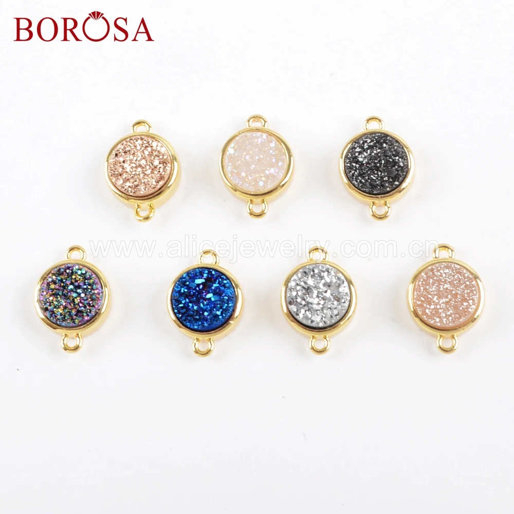 

BOROSA 10PCS 9mm Round Natural Agates Druzy mix colors Gold Plated Bezel Connectors Drusy Double Charms for Jewelry Making Gifts
