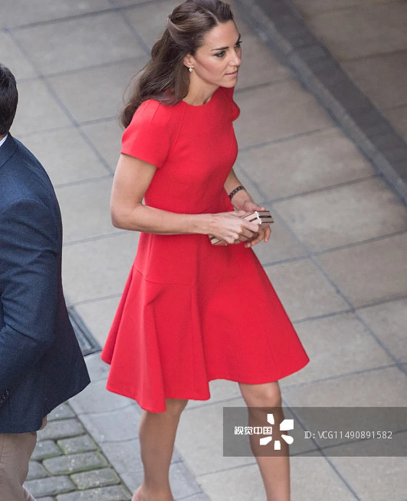 Kate Middleton Princess женское платье новые красные однотонные платья с коротким рукавом и круглым вырезом E6666