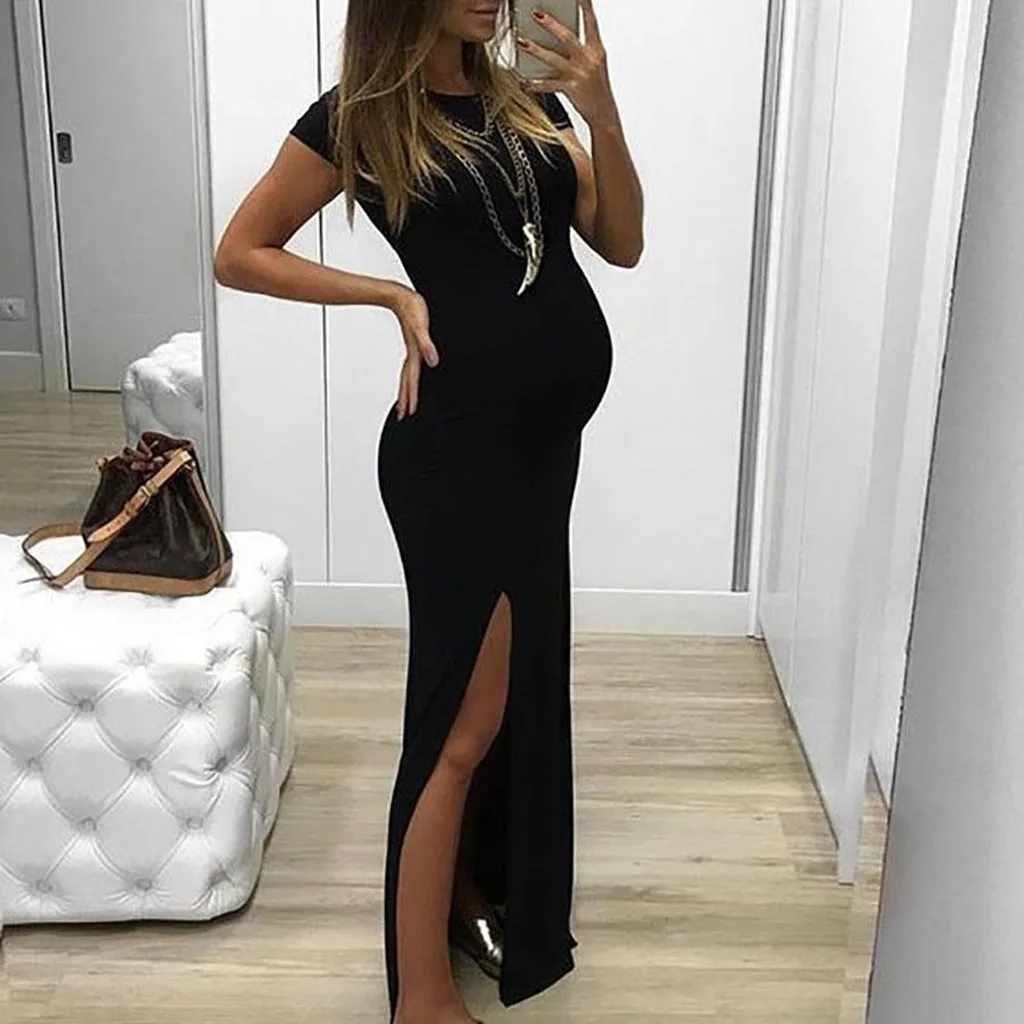 

Fashion Women Solid Short Sleeve Bodycon Open Fork Pregnancy Maternity Dress