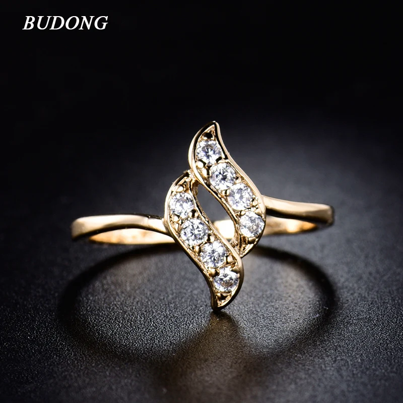 Женское кольцо с фианитом BUDONG золотистое витой нитью для помолвки XUR020|gold plated