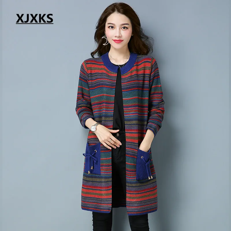 XJXKS Round Neck Caridgans Sweater Coat Lace Up Pockets With Colorful Striped Knitted Autumn Women Sweaters Coats |