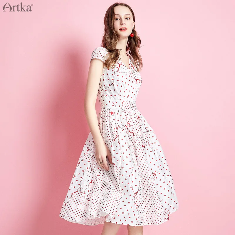 ARTKA/ г. Летнее платье в горошек с короткими рукавами Модное Длинное Платье трапециевидной формы с v-образным вырезом Новое плиссированное платье высокого качества для девочек LA11390X