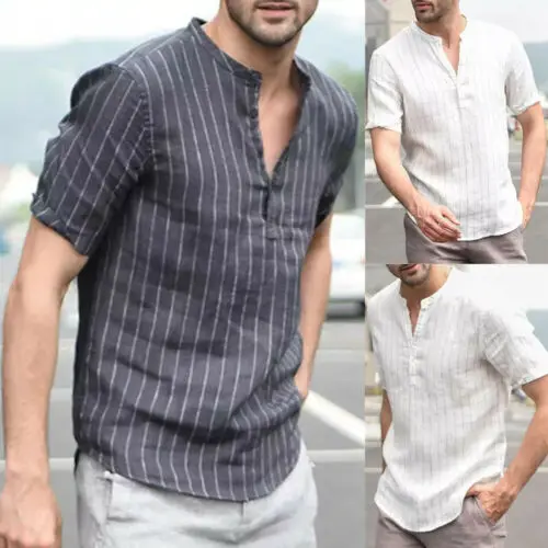 Мужская льняная футболка в полоску летняя повседневная свободная дышащая с v