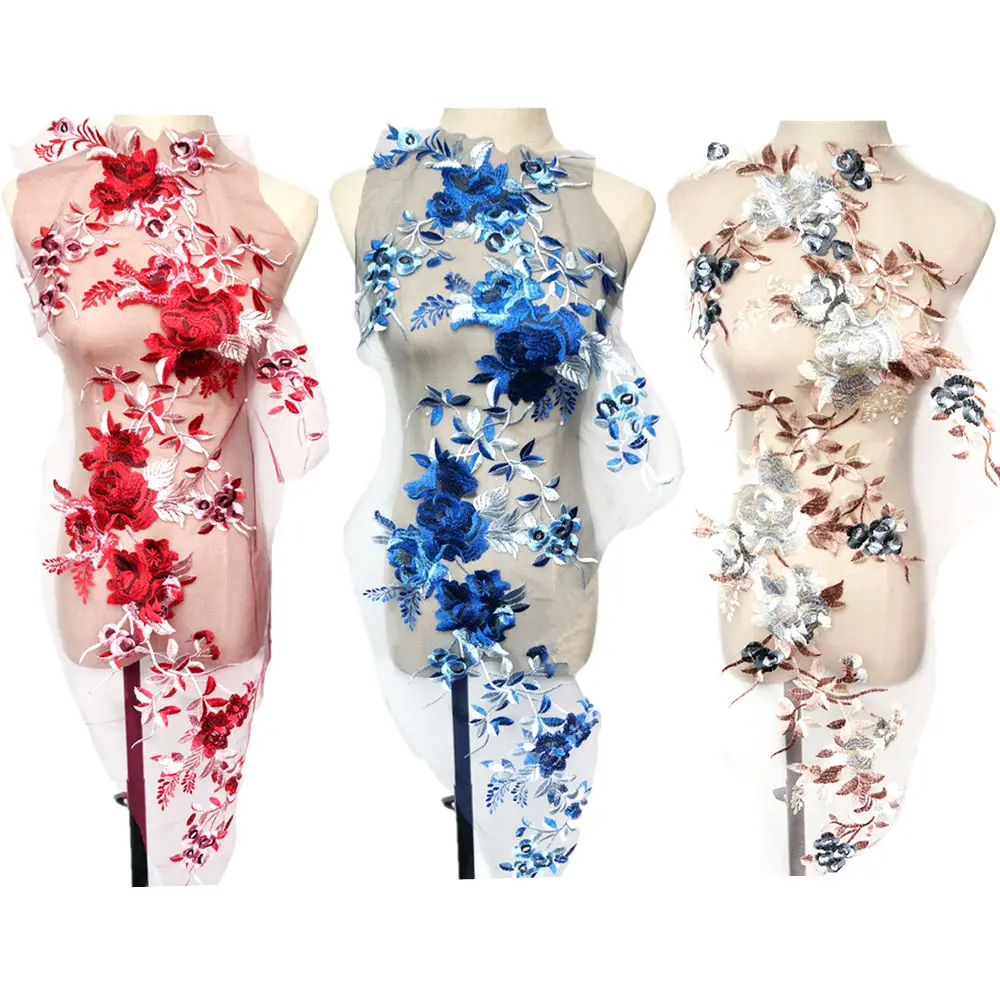 Синий красный коричневый вышитый цветок ветка ткань для аппликации свадебное