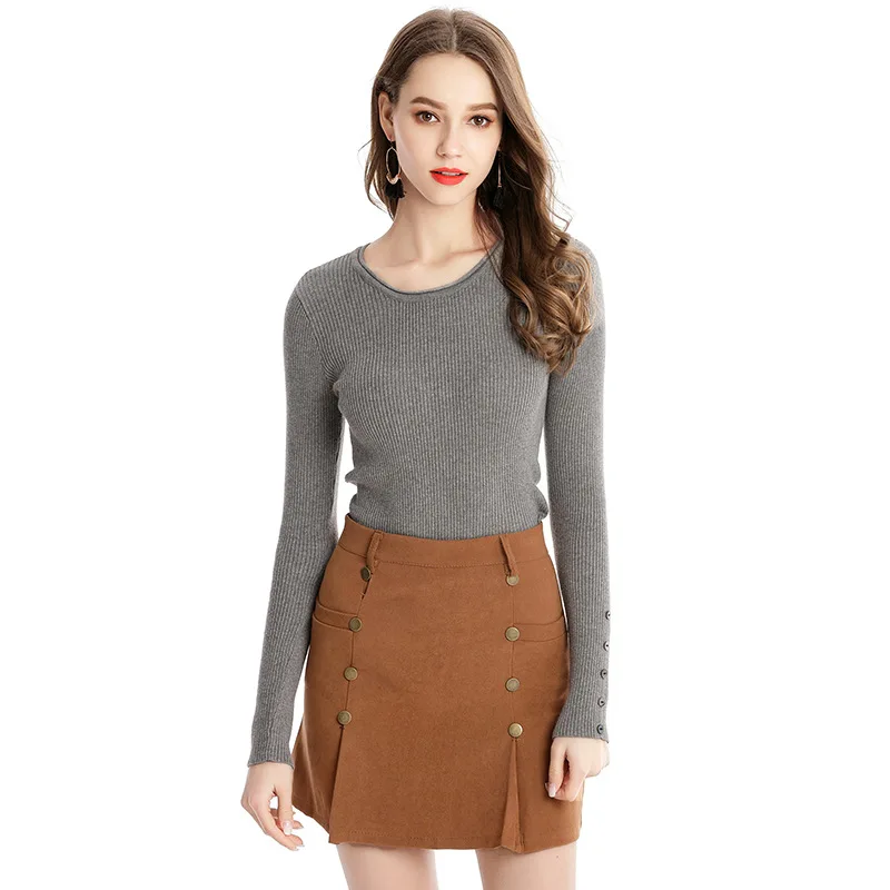 

Women Slim Knitted Bottoming Sweater High Elastic Button Sleeves Lady Casual O-Neck Jumper Female Spring Sweaters Autumn Blouses