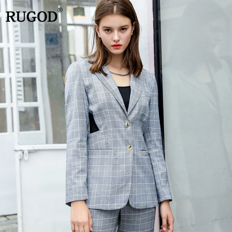 Женский костюм RUGOD клетчатый из двух предметов с карманами и штанами 2019|Брючные