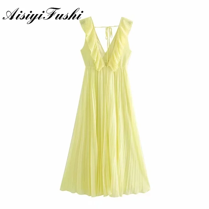 AISIYIFUSHI желтое платье миди с оборками V-образным вырезом без рукавов вечернее
