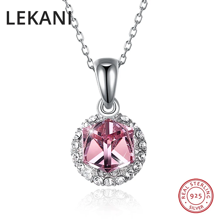 LEKANI, новинка, красочные кубические кристаллы от Swarovski, подвески, ожерелье, розовое золото, S925 серебро, цепочка, ожерелье для женщин, хорошее ювелирное изделие - Цвет камня: Rose