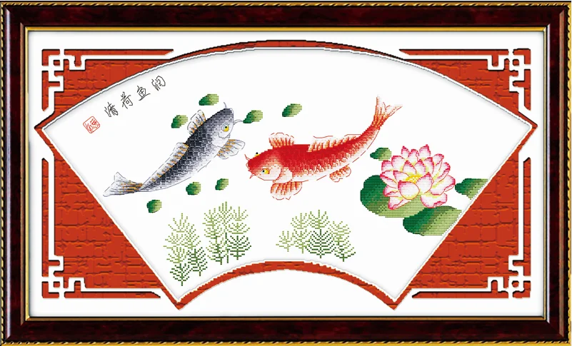 

Fishes with lotus cross stitch kit 14ct 11ct pre stamped canvas cross stitching animal lover embroidery DIY handmade needlework