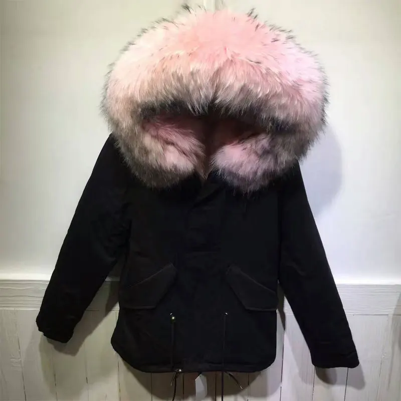 Goedkoop Zwarte Jas Licht Roze Vossenbont Lange Haar Bont Jas Winter Wasbeer Bont Jas Parka