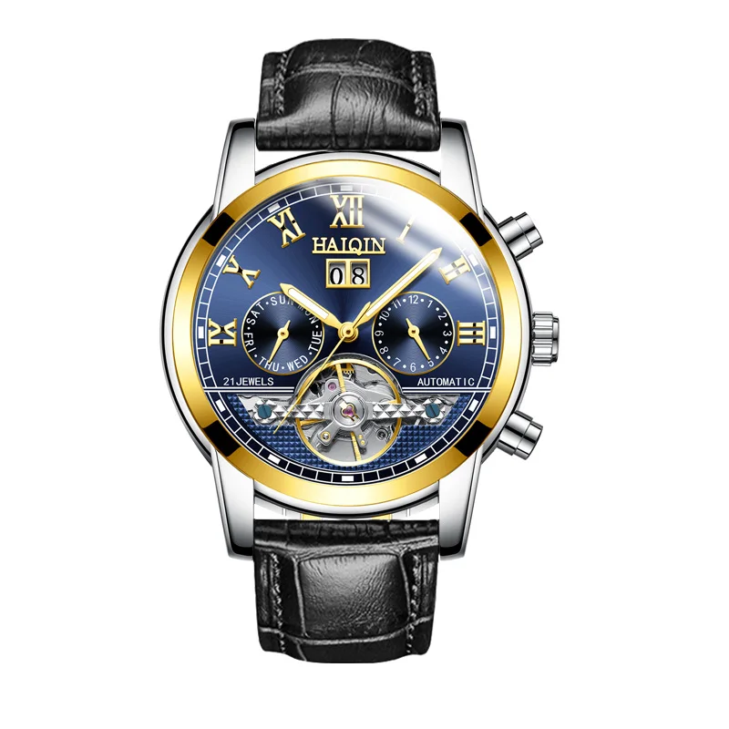 Gold-blue-L HAIQIN автоматические механические мужские часы деловые часы мужские кожаные турбийон водонепроницаемые мужские наручные часы Relogio Masculino - Цвет: Gold-blue-L