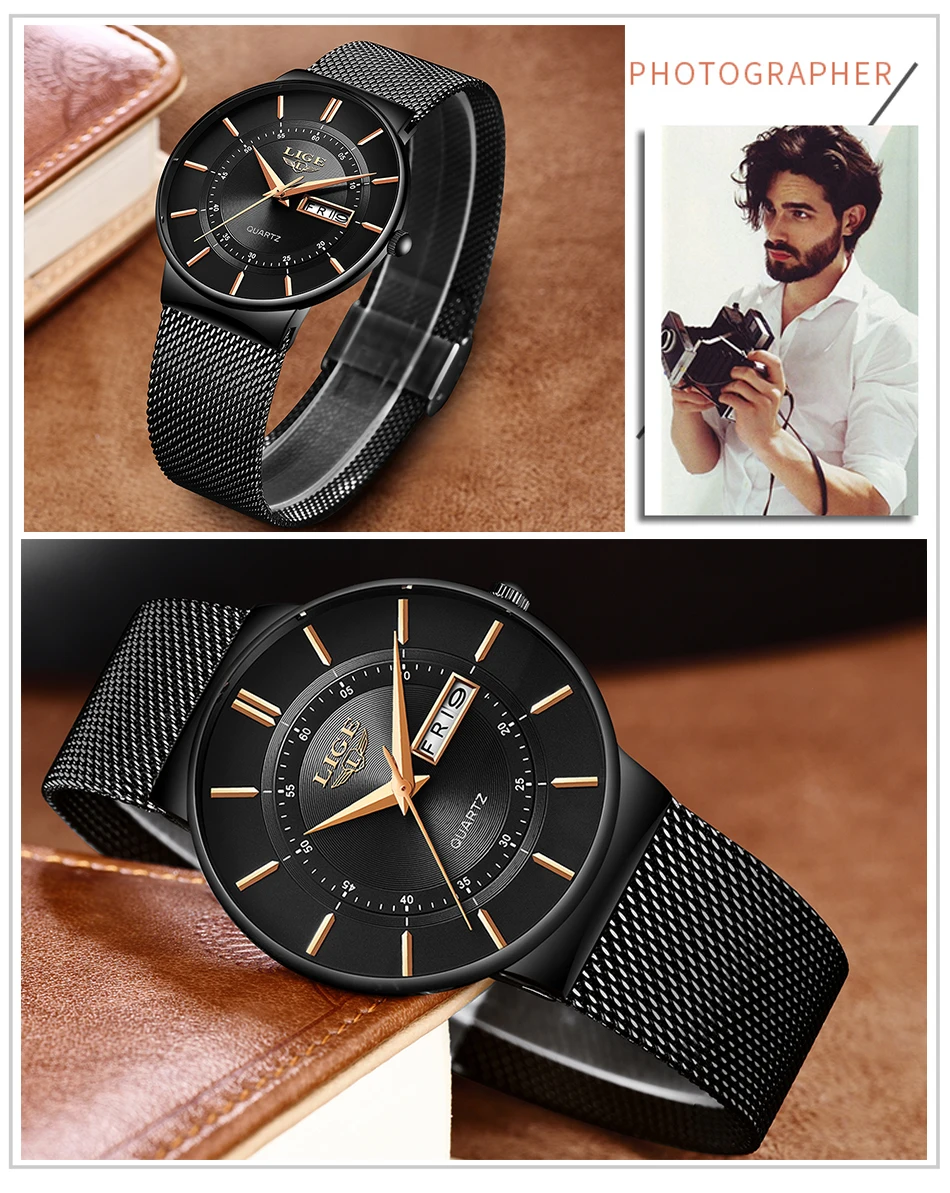 Relogio Masculino LIGE New Mens Watches Top Brand Luxury Ultra Thin Quartz Watch Men Steel Mesh Strap Waterproof Gold Watch