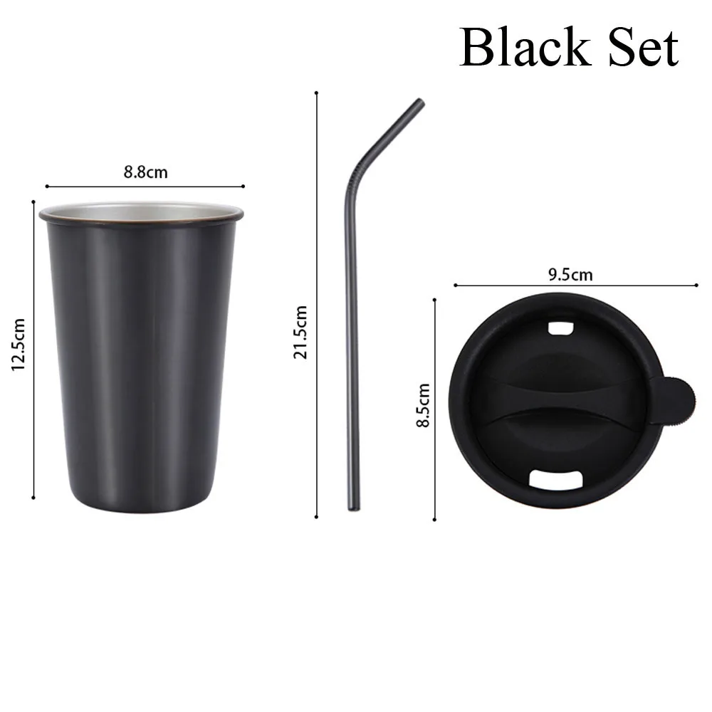 Black Set 500 мл металлические кофейные кружки из нержавеющей стали, многоразовые стаканчики с соломинкой, кружка для путешествий на открытом воздухе, для кемпинга, для питья, сока, чая, пива, вечерние стаканчики - Цвет: Black Set