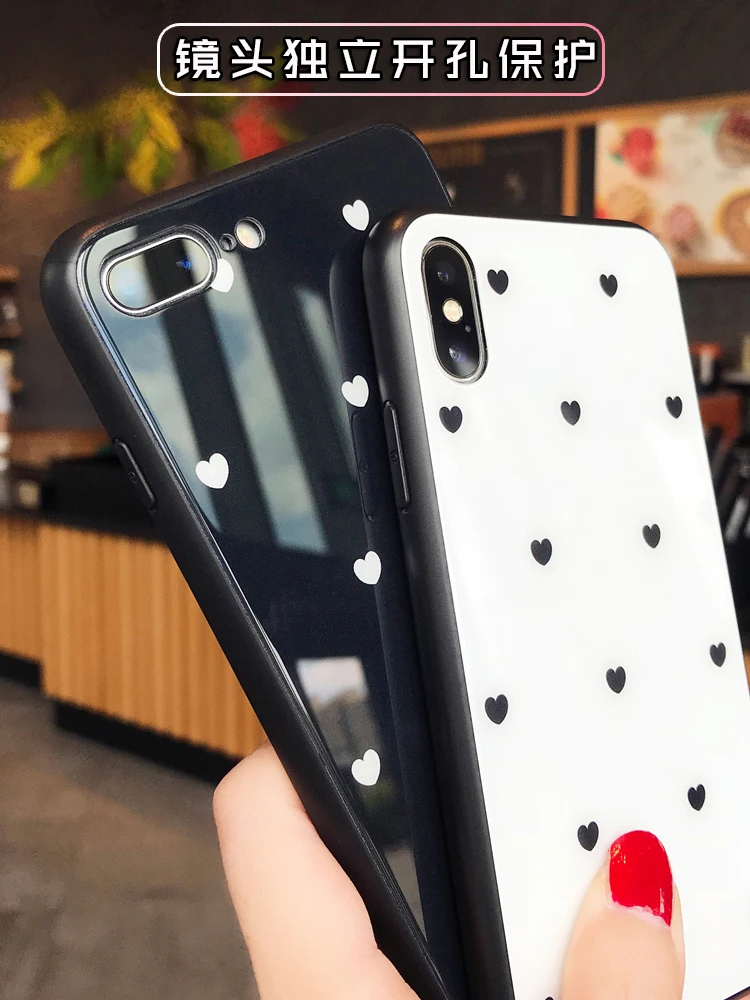 BONVAN чехлы на айфон X XR XS Max 7 case закаленное стекло Жесткий Сердце Любовь кисточкой ремешок крышка чехол на iPhone 6 6S 7 8 плюс чехлы для телефонов