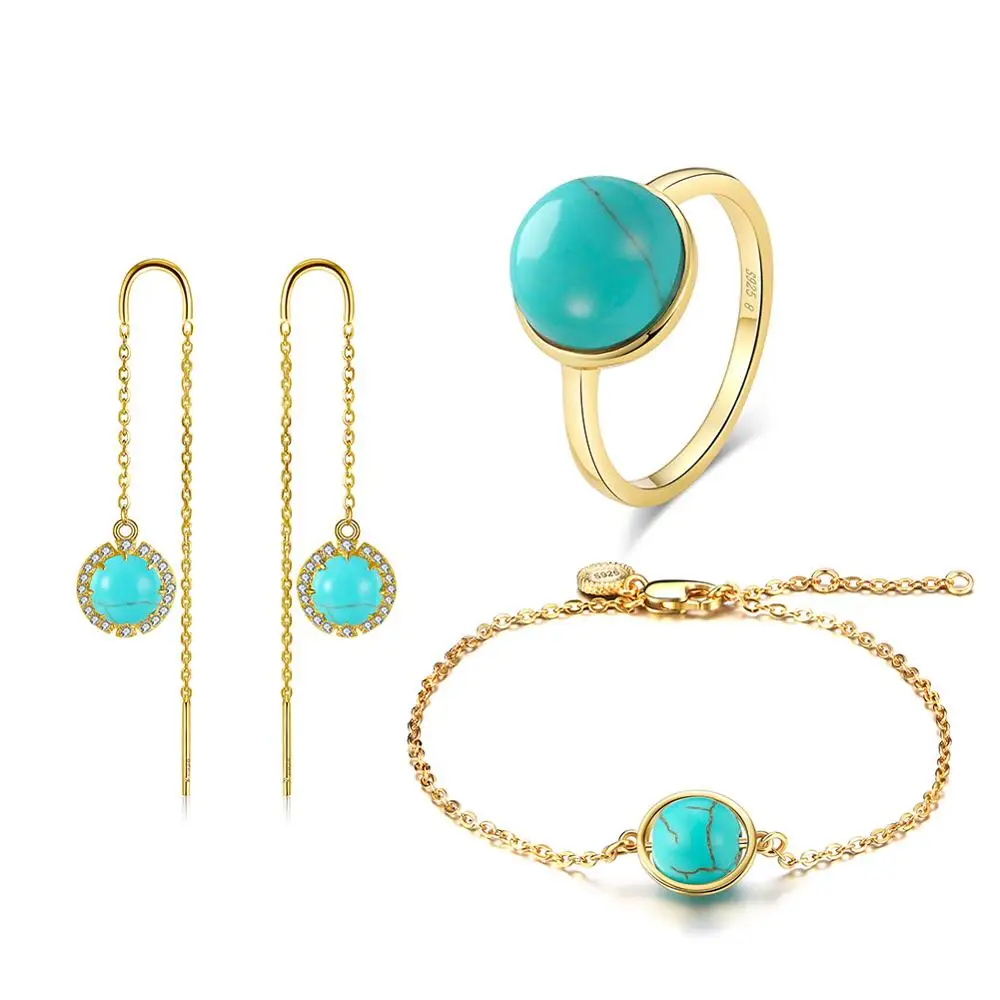 Turquoise ORSA JEWELS 925 стерлингового серебра женские кольца полудрагоценный камень бирюзовый серебряный браслет+ жемчужные серьги ювелирные украшения набор OSS26 - Цвет камня: Turquoise