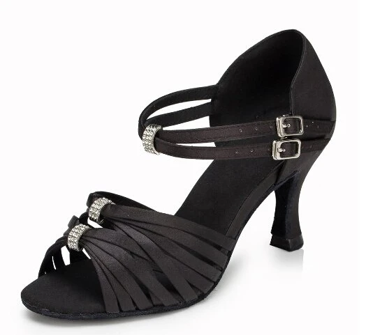 Новинка женские черные атласные туфли со стразами и пряжками для сальсы бальных