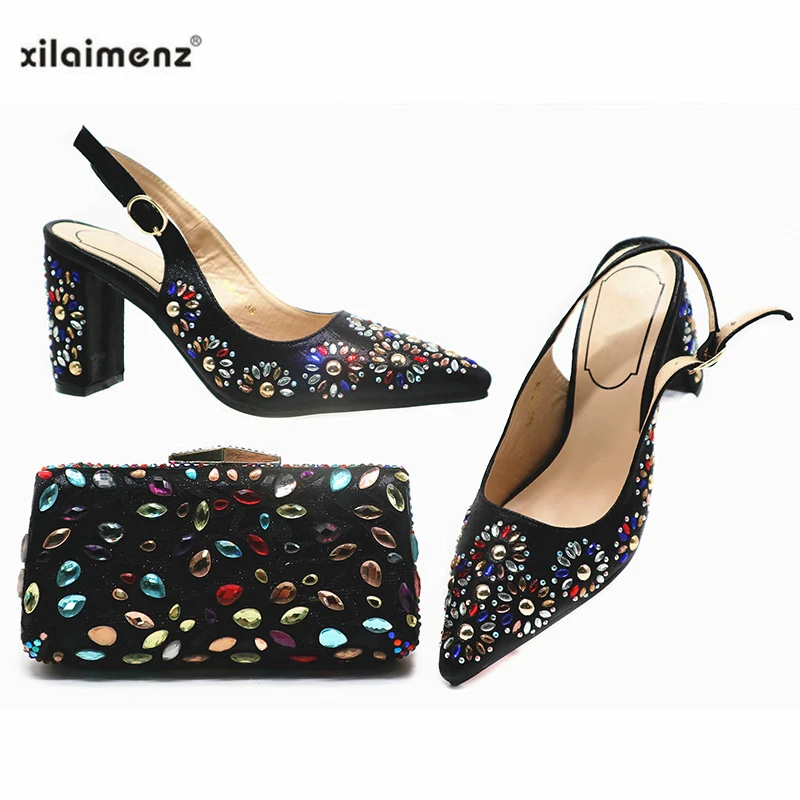 Розовый Модный Элегантный комплект из женских туфель и сумочки со стразами