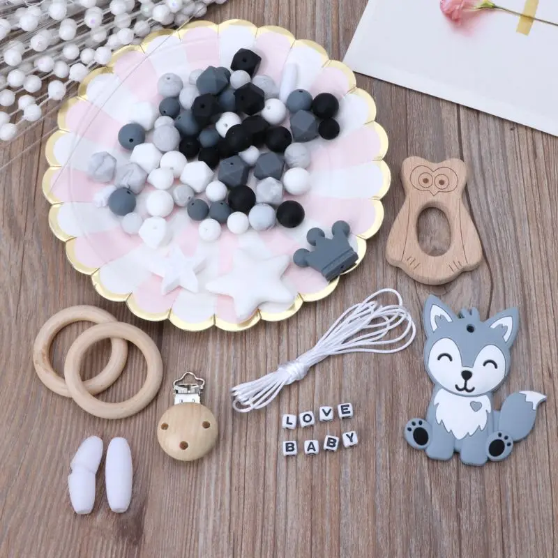 1 Набор DIY Детский прорезыватель, игрушка для кормления, ожерелье, силиконовый браслет, силиконовые бусы для прорезывания зубов, кольцо, деревянная соска, зажим для младенцев