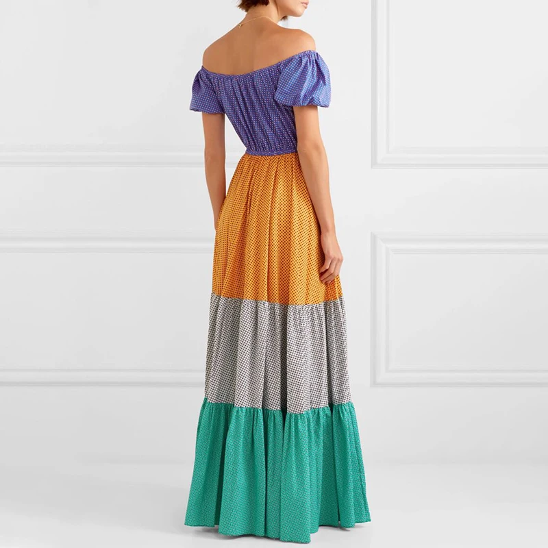 SISPELL Hit Color Floor-Length Women's Dress Slash Neck Off Shoulder Backless Dot A Line Female Dresses Fashion New 2019 Summer | Женская