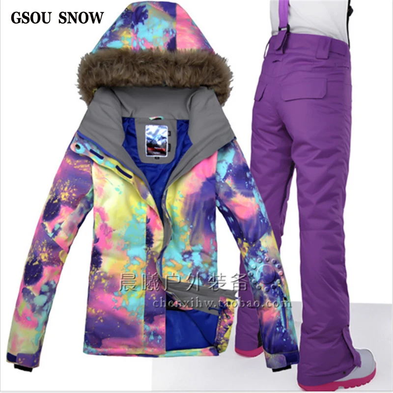 

GSOU SNOW High Quality Hooded Ski Suit for Women Ski Jacket Ski Pant Outdoor Waterproof Snowboarding Suit Clothing on Hot Sales