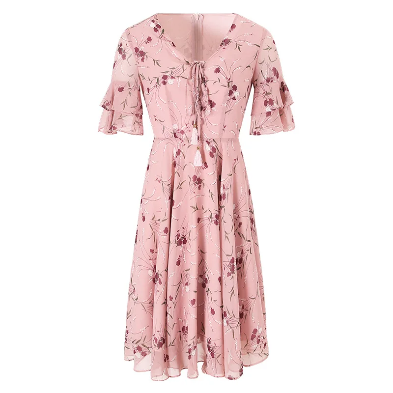 

Printed chiffon dress 2019BONJEAN summer new brand casual vacation floral temperament lady print pink chiffon dress