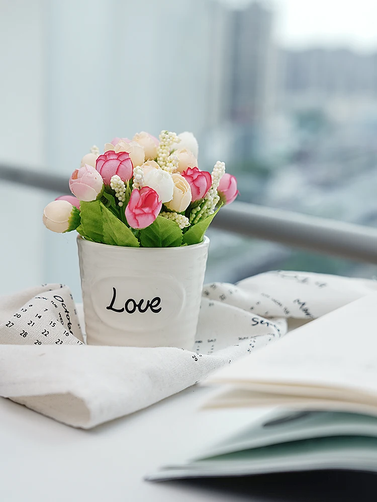 Mini Artificial Flower Rose Eucalyptus Potted for Home Bedroom DIY Decoration Beauty Photo Photography Background Backdrop Props |