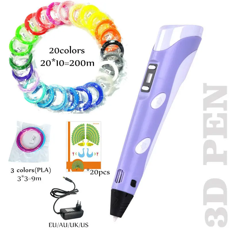 purple9-20-20 3D печать Ручка PLA Смарт 3d ручки для рисования с нитью светодиодный дисплей для детей подарки на день рождения - Цвет: purple9-20-20
