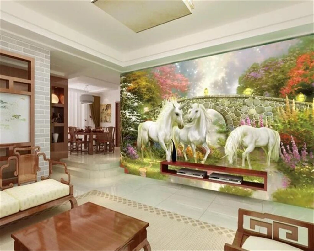 beibehang wall papers home decor Dream personality fashion silk cloth stereo 3d wallpaper fairyland unicorn TV background behang |